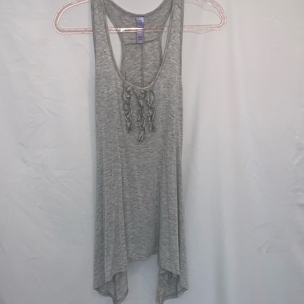 Zoah Design Heather Grey Ruffle Racerback Asymmetrical Tank Top Size Small